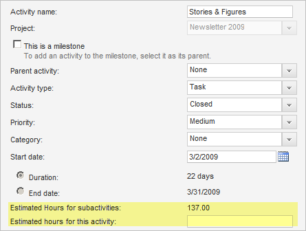 Actual hours for a parent activity