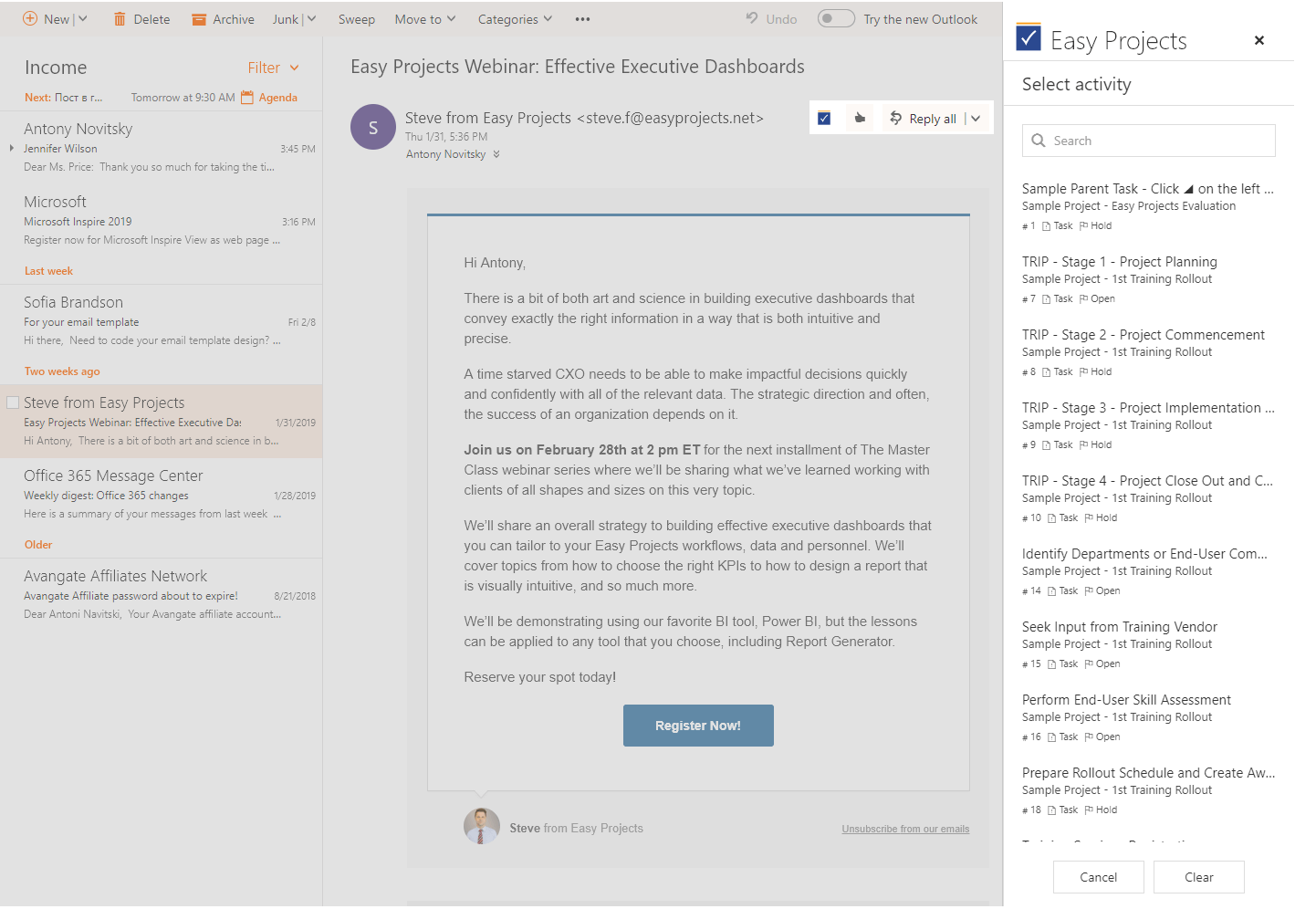 Easy Projects add-in for Office 365 Outlook - Key Features