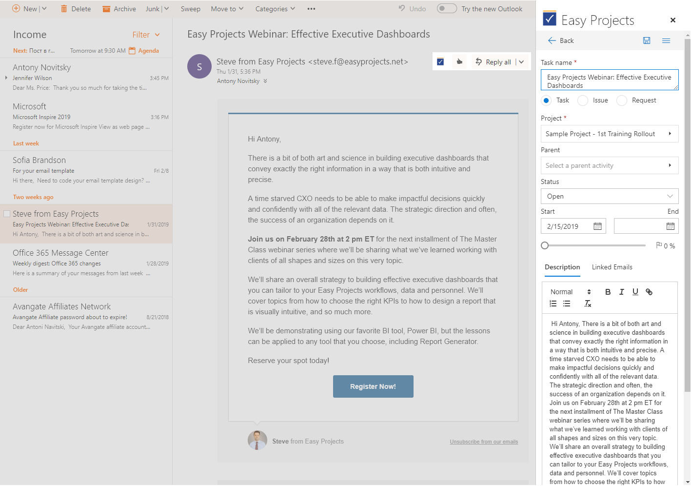 Easy Projects add-in for Office 365 Outlook - Create or Update Tasks