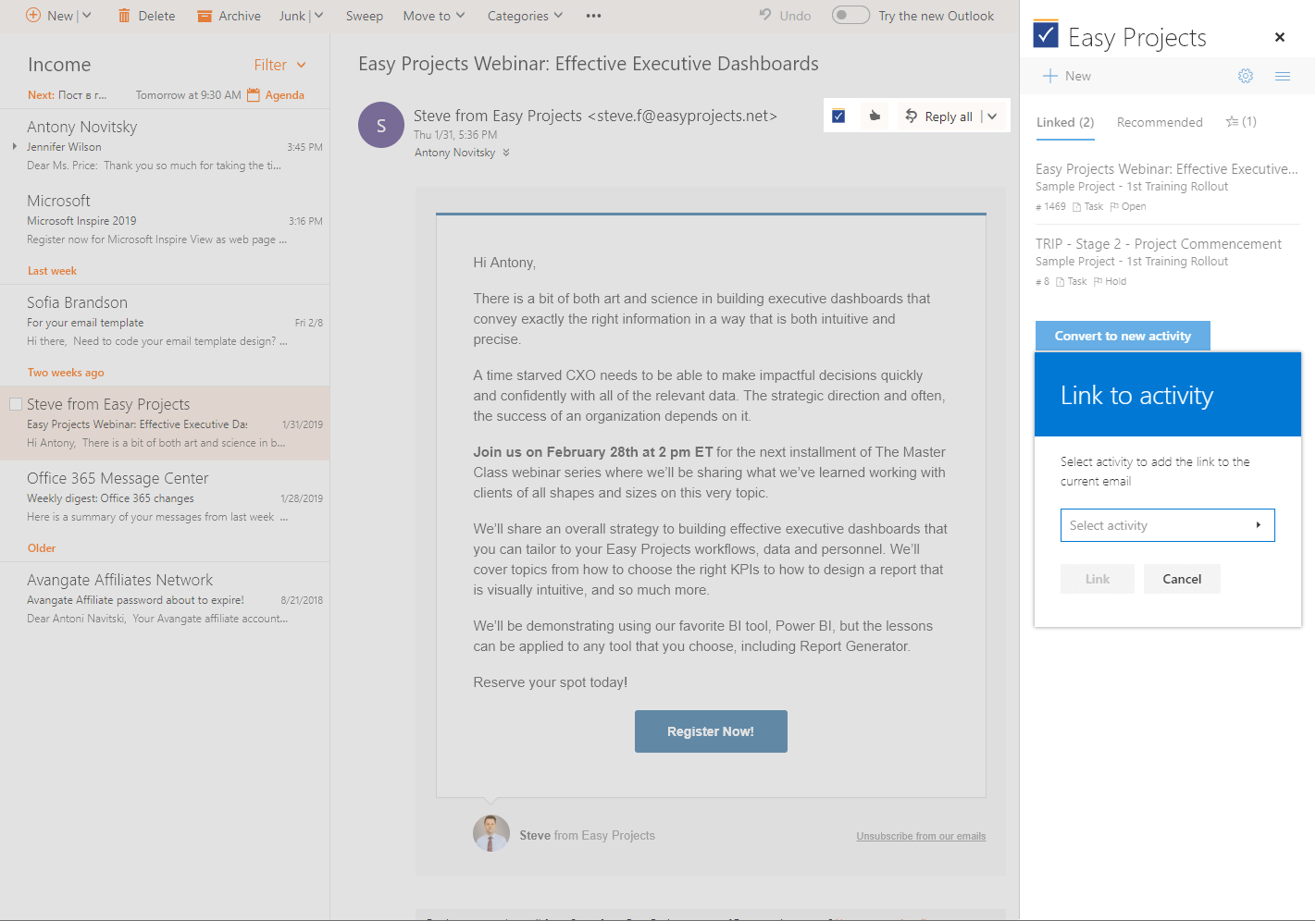 Easy Projects add-in for Office 365 Outlook - Link Emails to Tasks